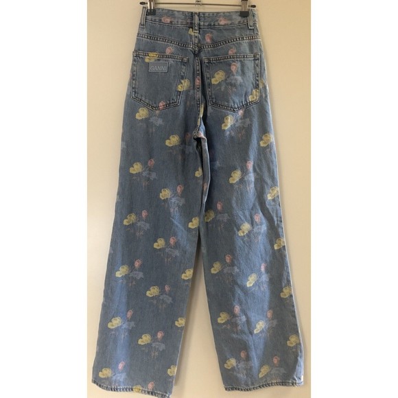 GANNI Floral Print Denim Core Magny Wide Straight Jeans Bleach Light Blue 25 - Picture 10 of 15